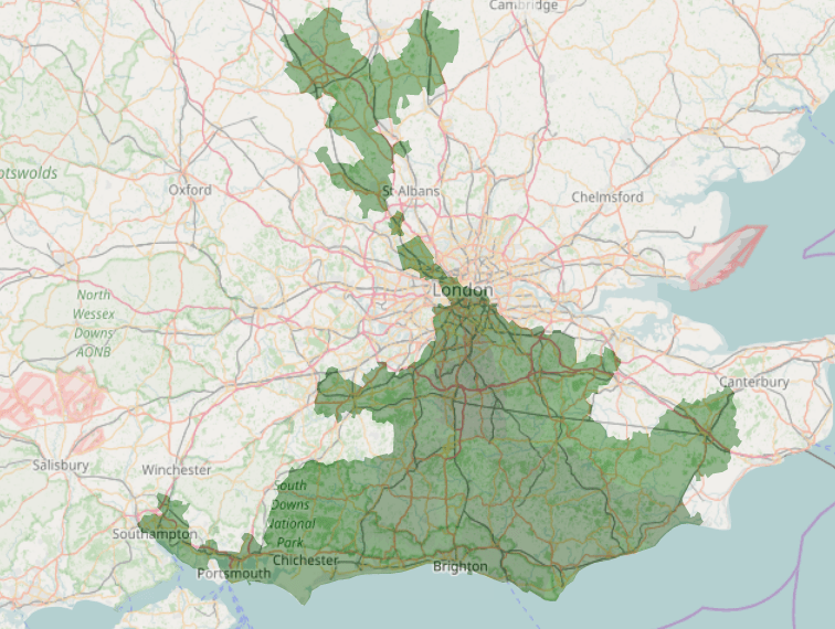 Area Served by Southern Rail (sourced from Wikipedia)